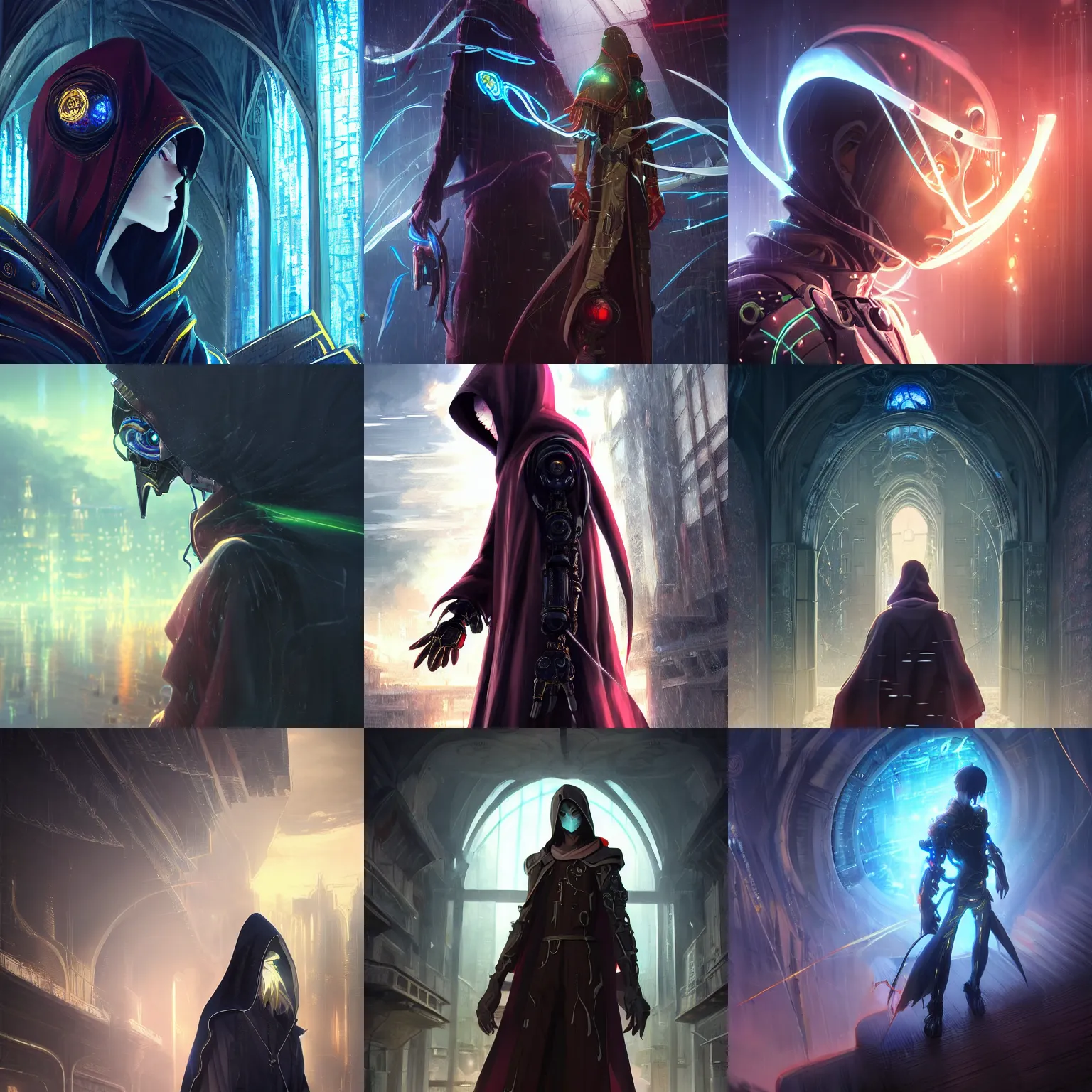 Prompt: 2.5D CGI anime fantasy artwork of a hooded intricate cybernetic sorcerer character with high quality glistening beautiful colors, rich moody dark atmosphere, omnipotent, megastructure realistic detailed background, portrait in the style of Makoto Shinkai and Greg Rutkowski