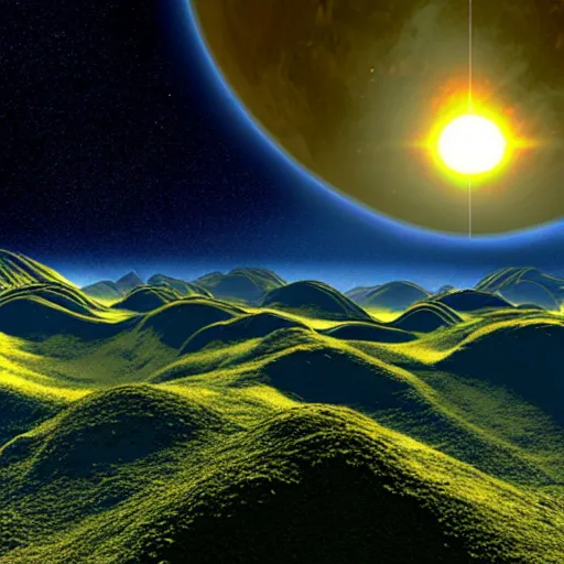 Image similar to a photorealistic landscape of a trisolaris system