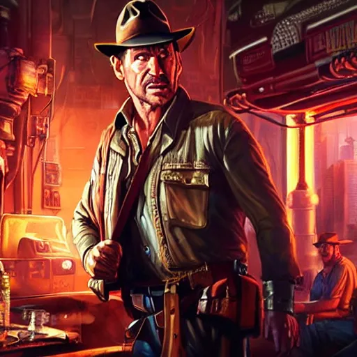 Prompt: a high quality portrait of Indiana Jones in a cyberpunk cyberpunk cyberpunk cafe, realism, 8k, award winning photo