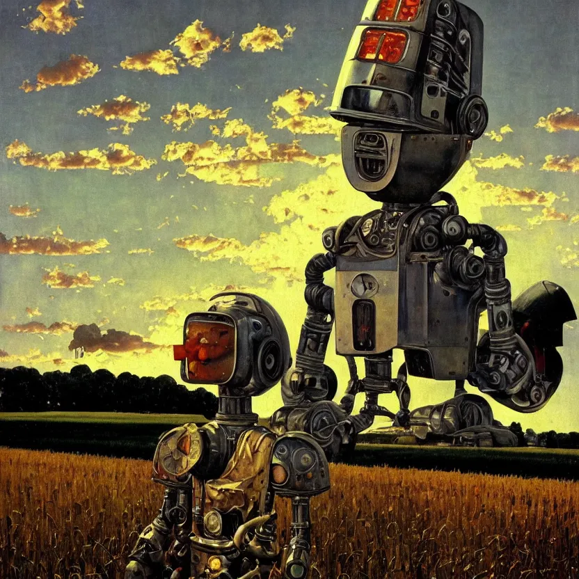 Prompt: portrait painting of a farmboy robot made of shiny reflective chrome in front of rolling cornfields and beautiful clouds at dusk, painted by norman rockwell. pulp sci - fi art for omni magazine. high contrast. dark background. baroque period, oil on canvas. renaissance masterpiece. trending on artstation. retrofuturism.