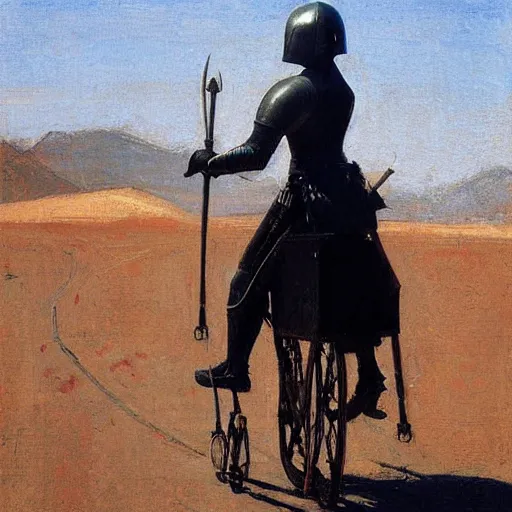 Prompt: medieval knight ridning a bycicle, 1 3 th century art, minimalist art, by jeremy lipking, digital art, sunlit