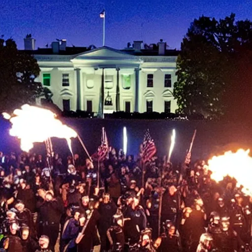 Prompt: a still of hundreds of stormtropers rioting in front of a the white house in washington.!!!, flaming torches and pitchforks