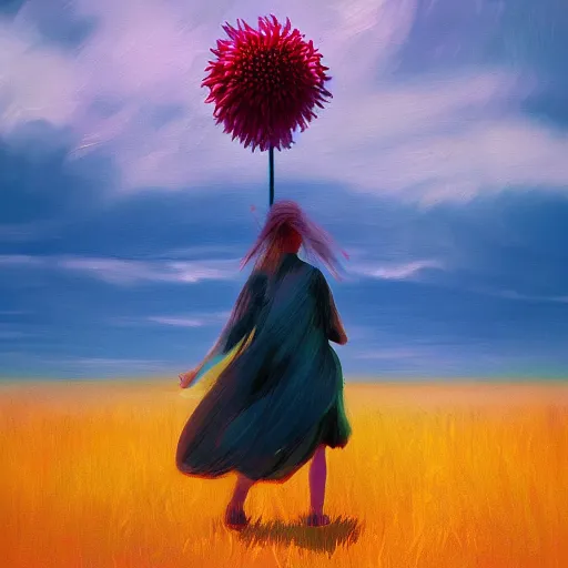 Image similar to closeup giant dahlia flower head, girl walking between dunes, surreal photography, sunrise, blue sky, dramatic light, impressionist painting, digital painting, artstation, simon stalenhag