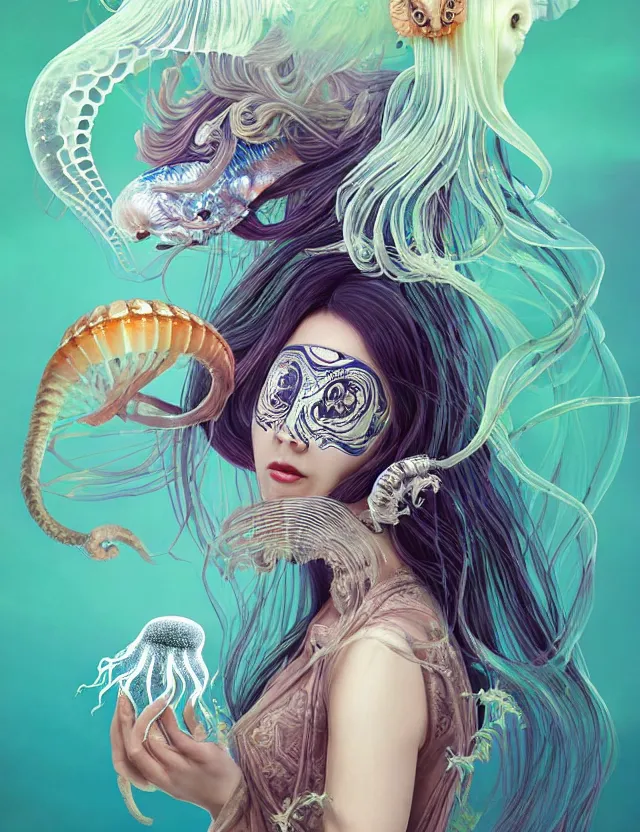 Image similar to 3 d goddess jellyfish half - turn portrait with long hair with ram skull. beautiful intricately detailed japanese crow kitsune mask and clasical japanese kimono. betta fish, jellyfish phoenix, bio luminescent, plasma, ice, water, wind, creature, artwork by tooth wu and wlop and beeple and greg rutkowski