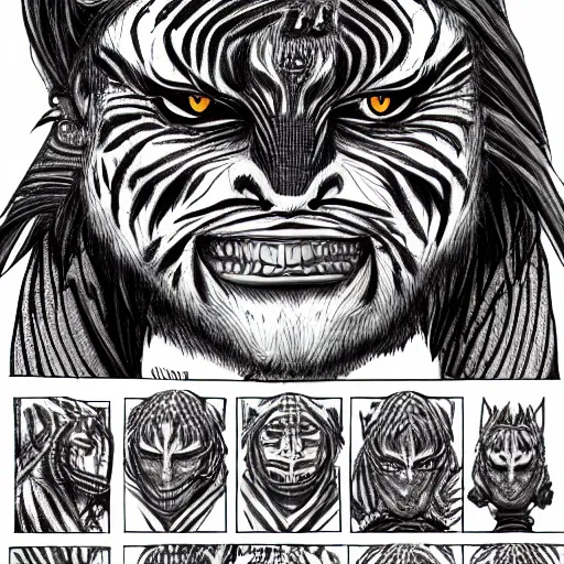 Prompt: Tiger man inspired by HR Giger, Character reference Sheet