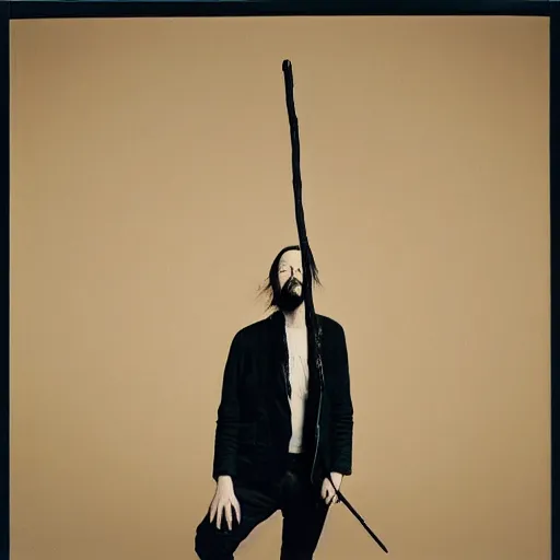 Image similar to Radiohead, Radiohead, Thom, holding the moon upon a stick, with a beard and a black jacket, a portrait by John E. Berninger, dribble, neo-expressionism, uhd image, studio portrait, 1990s