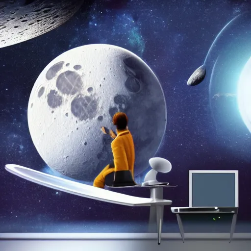 Image similar to 3 d, ultra realism, extra detail, back of a man sitting on his chair with a desk and his futuristic laptop, on the moon, with the universe in the background by stan lee