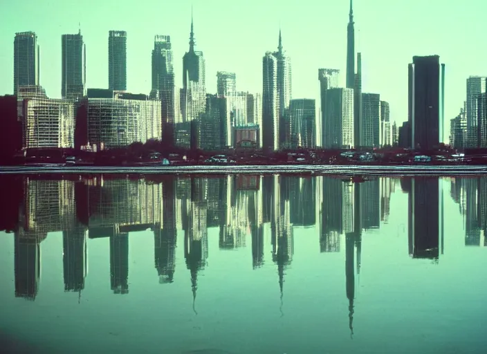 Image similar to retro color photo of a city skyline in the 8 0's. reflections in the water. boats and plain. gradient sky