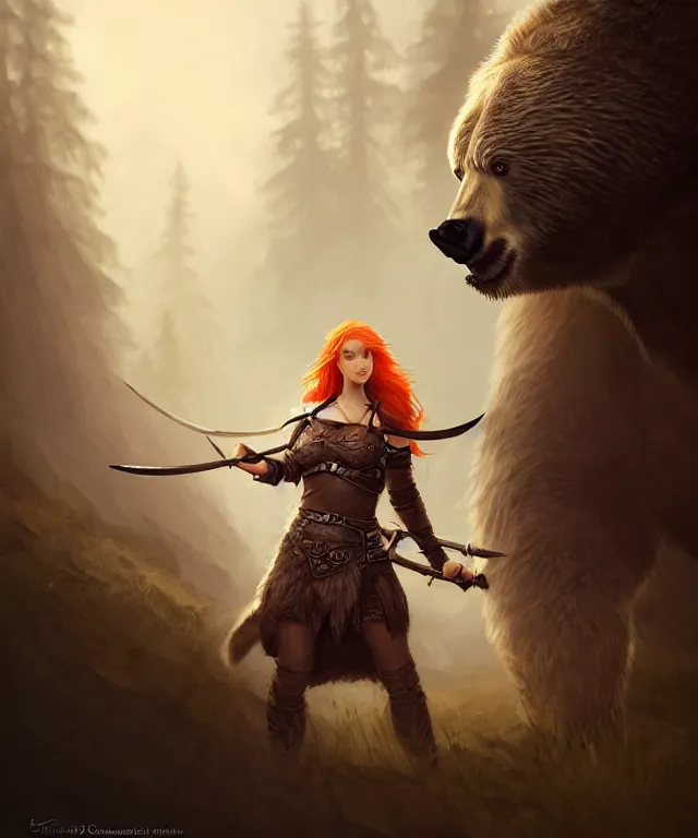 Prompt: cute female viking wearing leather armor and fighting a bear by charlie bowater and titian and artgerm, portrait, intricate, face, forest, ginger hair, grey eyes, elegant, orange mist, highly detailed, dramatic lighting, sharp focus, trending on artstation, artstationhd, artstationhq, unreal engine, 4 k, 8 k