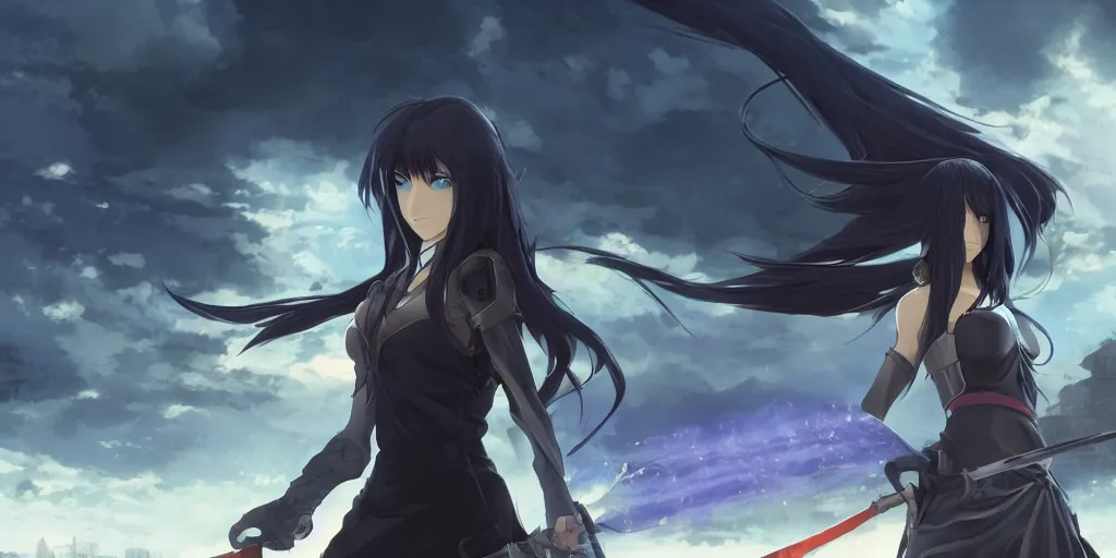 Prompt: girl with long black hair and a long black sword in front of a sci fi cityscape, ryohei fuke, makoto shinkai, detailed, cinematic, ultra - wide angle, dark sepia toned shading, luminescent eyes, blue fire.