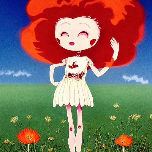 Prompt: The body art depicts a woman standing in a field of ashes, her dress billowing in the wind. Her hair is wild and her eyes are closed, and she seems to be in a trance-like state. The body art is dark and atmospheric, and the ashes in the field seem to be almost alive, swirling around. Powerpuff Girls by Richard Scarry, by Heywood Hardy unified