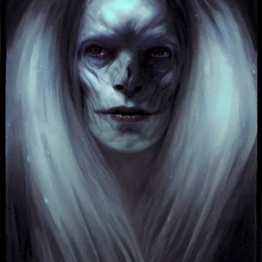 Image similar to head and shoulders portrait of a ghostly, shadowy, spectral wraith portrayed by gwynneth paltrow, d & d, fantasy, greg rutkowski, frank frazetta, alexandre chaudret, boris vallejo, michael whelan, miro petrov, hr giger, magali villeneuve, donato giancola