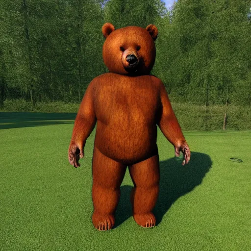 Image similar to big realistic bear standing on two legs, wearing big green bag backpack at his back, photo realistic, high detail, smooth