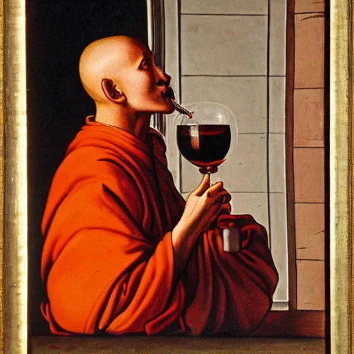 Image similar to painting of a monk drinking wine in the style of Eduard Von Grutzner