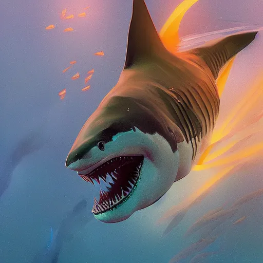 Image similar to great white shark, traffic cones as fins, underwater background detailed atmospheric - ron cheng & alphonse mucha, highly detailed, digital painting, ray tracing, concept art, illustration, smooth sharp focus, intricate, symmetry, artstation,