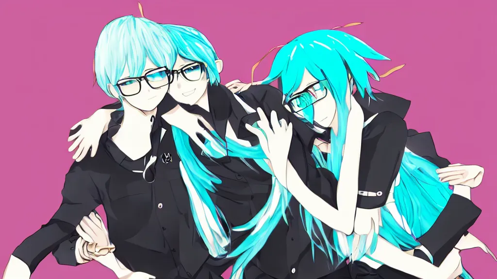 Prompt: Hatsune Miku hugging a young man with a beard and glasses, Vocaloid anime style
