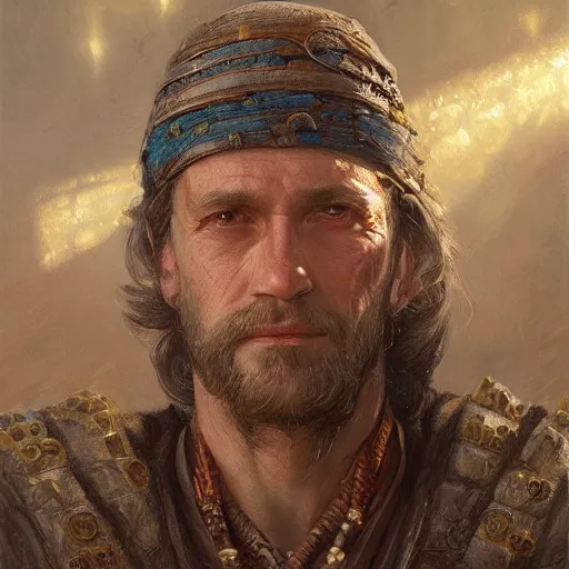 Prompt: the merchant of the east realistic fantasy d & d character, closeup portrait art by donato giancola and greg rutkowski, realistic face, digital art, trending on artstation