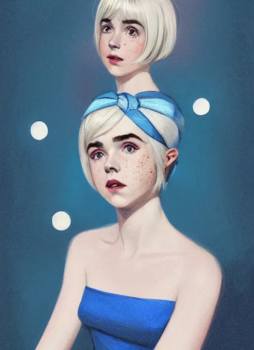 Prompt: portrait of kiernan shipka with freckles, white hair, 1 9 6 0 s bob hairstyle with bangs and hairband, blue 1 9 6 0 s dress, intricate, elegant, glowing lights, highly detailed, digital painting, artstation, concept art, smooth, sharp focus, illustration, art by wlop, mars ravelo and greg rutkowski