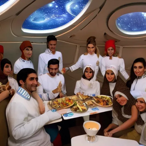 Prompt: starship enterprise arabic cabin crew with lebanese food and music