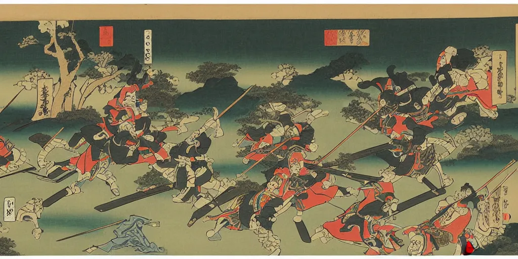 Prompt: ukiyo - e style painting of heavily armored samurai fighting in fierce battle in a beautiful forest