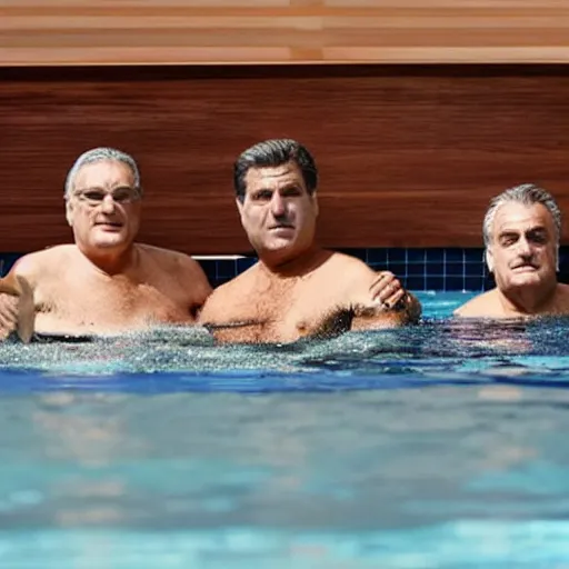 Image similar to florentino perez, laporta and tebas swimming in a pool full of money