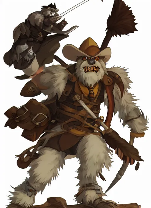 Prompt: bugbear ranger, black beard, dungeons and dragons, hunters gear, flames, character design on white background, by studio ghibli, makoto shinkai