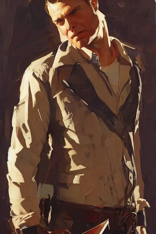 Image similar to arthur morgan, painting by jc leyendecker!! phil hale!, angular, brush strokes, painterly, vintage, crisp