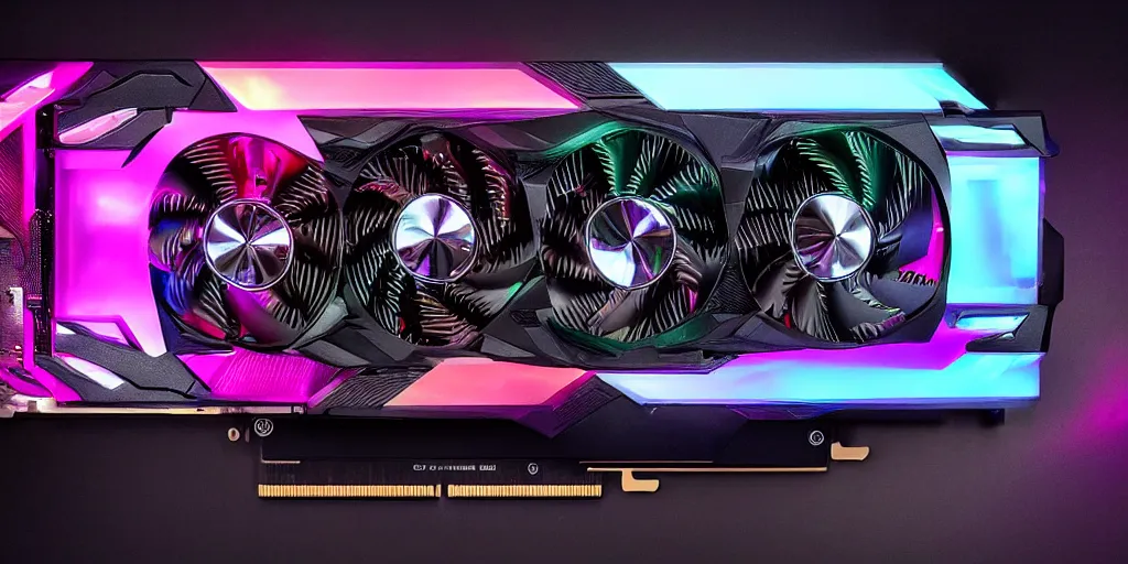 Prompt: product photo of triple wide extra long gtx rtx 4 0 9 0 nvidia gpu graphics card dramatic black background neon lighting gamer hardware