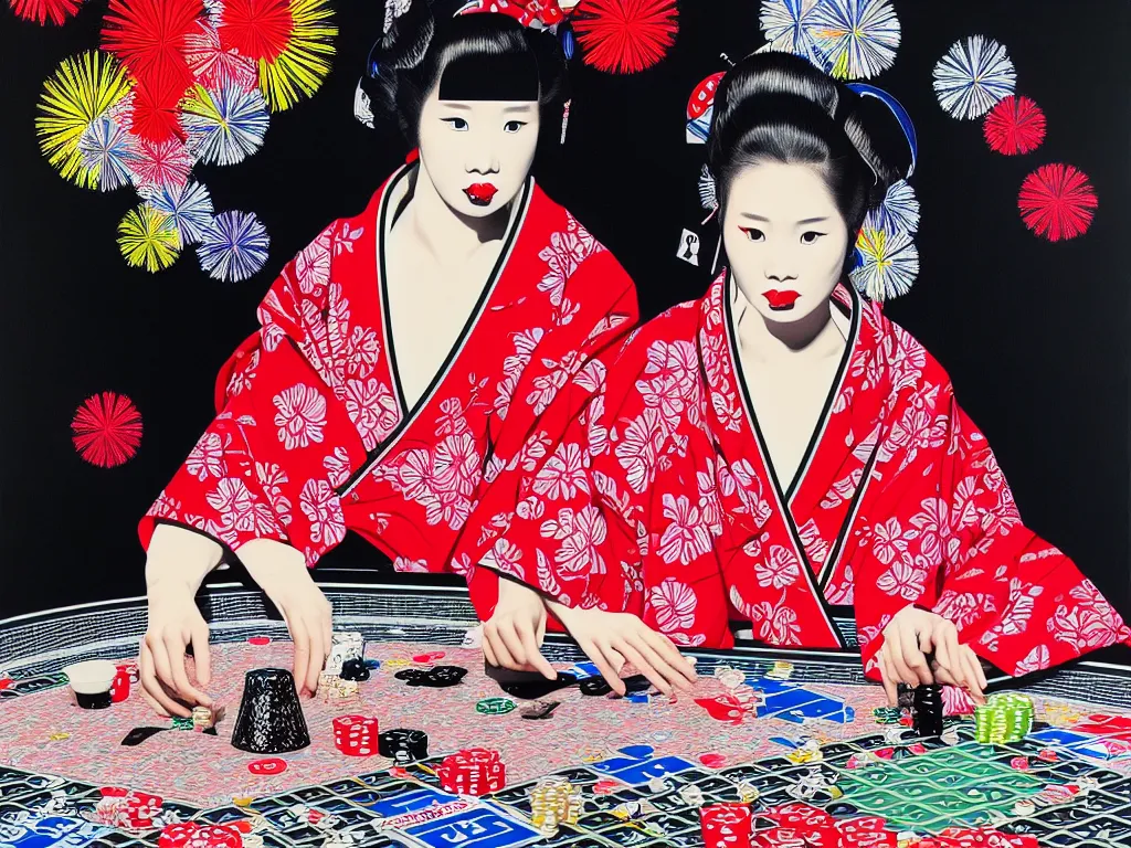 Image similar to hyperrealism composition of the detailed woman in a japanese kimono sitting at an extremely detailed poker table with darth vader, fireworks and folding screen on the background, pop - art style, jacky tsai style, andy warhol style, acrylic on canvas