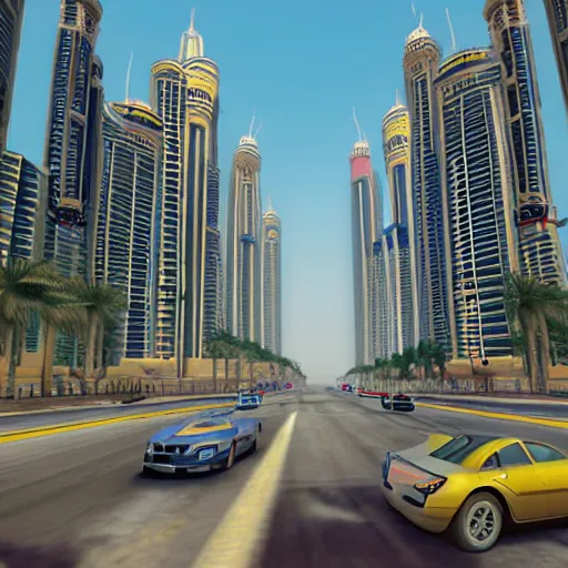 Image similar to gta : dubai, by justin jerard