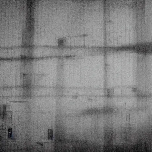 Prompt: insane nightmare, no light, everything is blurred, creepy shadows, warehouse , very poor quality of photography, 2 mpx quality, grainy picture