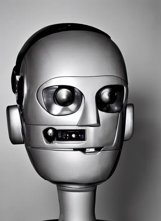 Image similar to a portrait photograph of a robot head designed by Balenciaga, 35mm, pentax, studio