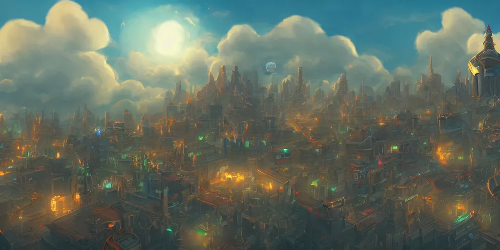 Image similar to a city in the style of piltover from arcane, tall towers, utopia, white blimps in the sky, blue skies, soft clouds, trending on artstation