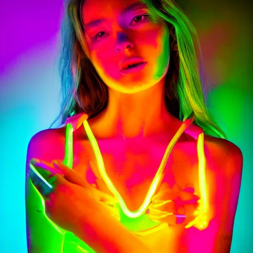 Image similar to a girl glowing with neon colors, high detail of the face, high details, high modernization, high stylization, full body, photo model