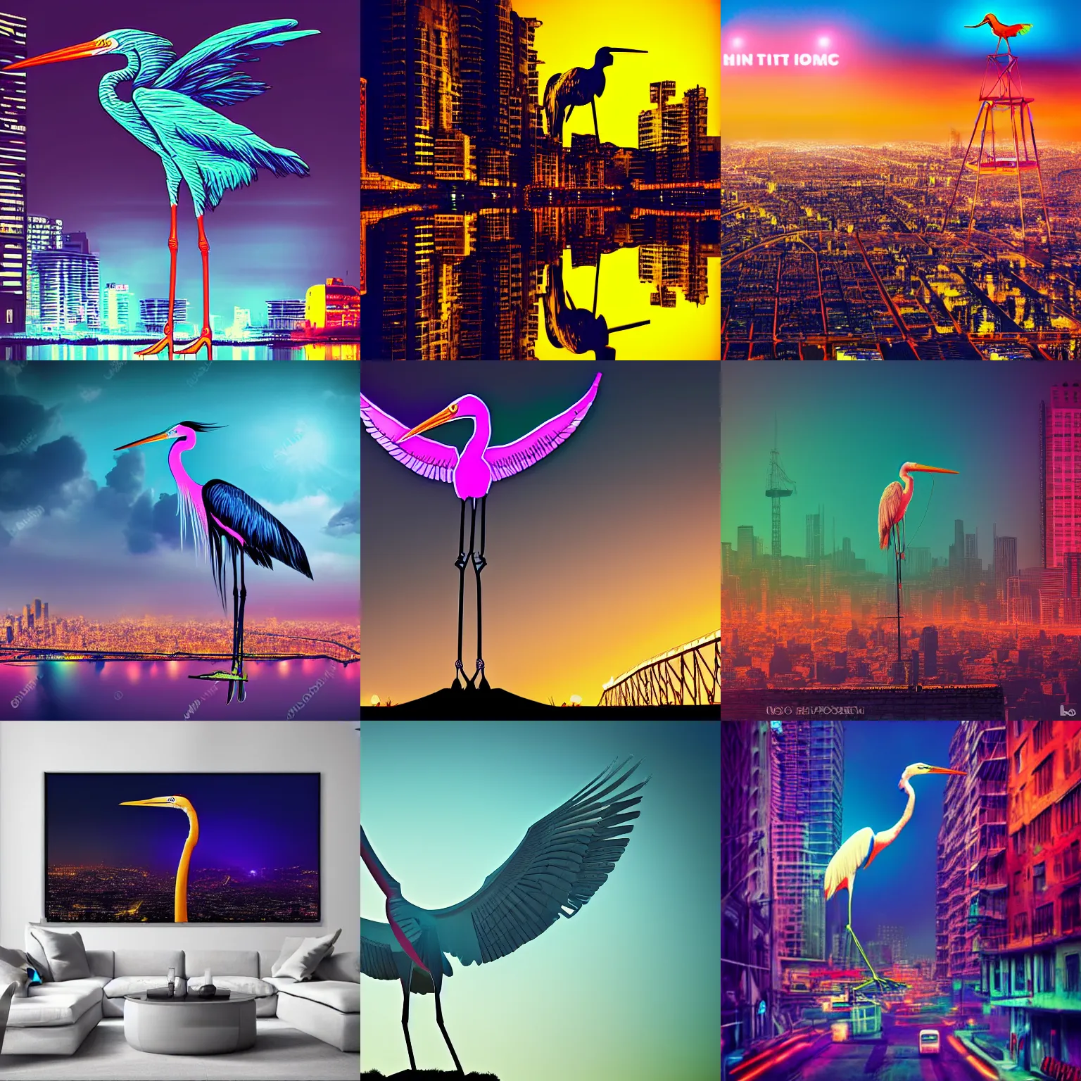Prompt: gigantic stork heron standing above city, cinematic, neon colors, epic composition, massive scale