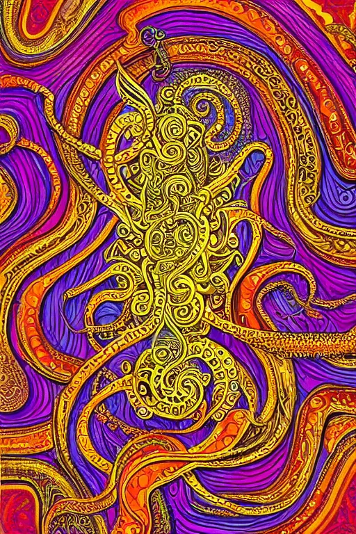 Image similar to a intricate background design with deep and intricate rune stones and rubies, and twisting intricate golden linework lovecraftian by lisa frank, atomic stars, digital art, photorealistic, highly detailed, intricate painted by peter max