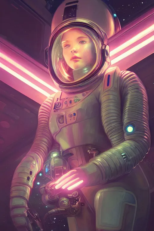 Image similar to portrait armored astronaut girl, control spaceship at commander room, ssci-fi, neon light and galaxy light effect, fantasy, intricate and very very beautiful and elegant, highly detailed, digital painting, artstation, concept art, smooth and sharp focus, illustration, art by tian zi and WLOP and alphonse mucha