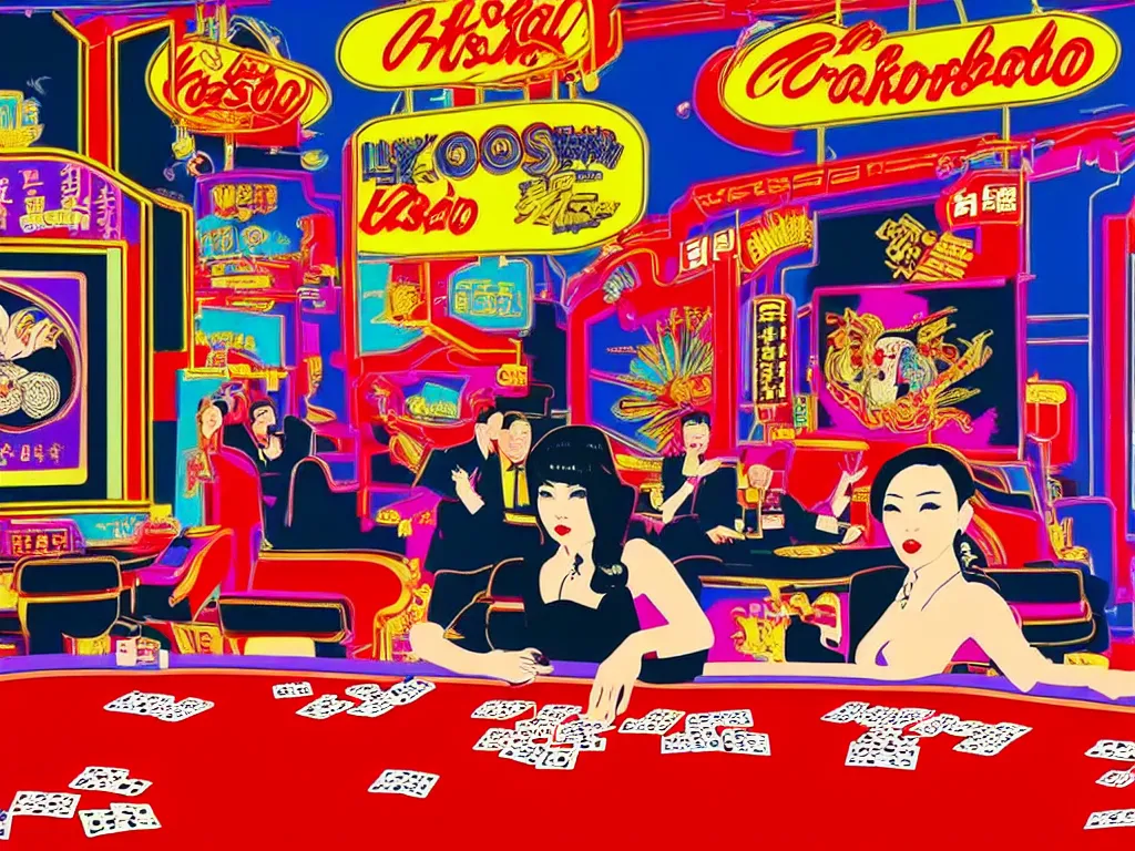 Image similar to hyper - realistic composition of a room in a casino with an extremely detailed poker table, croupier in traditional japanese kimono standing nearby fireworks in the background, pop art style, jackie tsai style, andy warhol style, acrylic on canvas