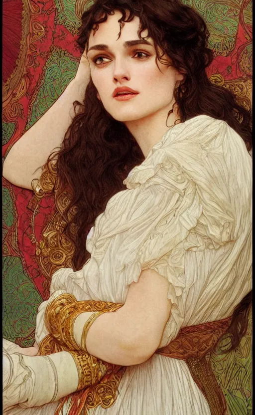 Image similar to winona ryder in repose, kiera knightly in repose, traditional corsican, intricate, highly detailed, artstation, illustration, jurgens, mucha, rutkowski, bouguereau