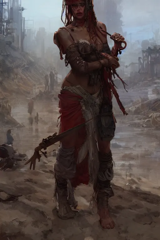 Image similar to a full body portrait of a beautiful post apocalyptic offworld harbor district bedouin blind pulp fiction scarlet wild rogue barbarian leper begging by the roadside, intricate, elegant, highly detailed, digital painting, artstation, concept art, smooth, sharp focus, illustration, art by krenz cushart and artem demura and alphonse mucha