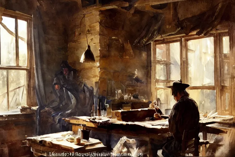 Image similar to paint brush strokes, abstract watercolor painting of medieval workbench, cloth, backlit western scene, art by hans dahl, by jesper ejsing, art by anders zorn, wonderful masterpiece by greg rutkowski, cinematic light, american romanticism by greg manchess, creation by tyler edlin