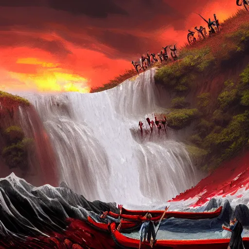 Prompt: a waterfall of blood falls from the top of the mountain, the demons sail along it in canoes, vivid color, highly detailed, mistic atmosphera, digital painting, artstation, concept art, matte, sharp focus, manga style,