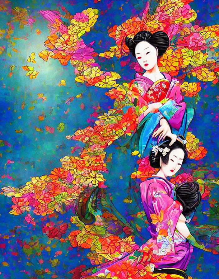 Image similar to semi semi realistic digital painting!! beautiful geisha flying over a colorful city, dramatic, xray melting colors!!