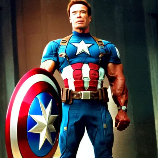 Prompt: Arnold Schwarzenegger playing Captain America on The Avengers