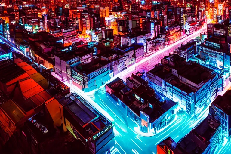 Prompt: aerial photo of neon tokyo street at night futuristic aesthetic matte painting, wallpaper, unsplash, colorful, style of aenami alena, neon blue color, vaporwave,