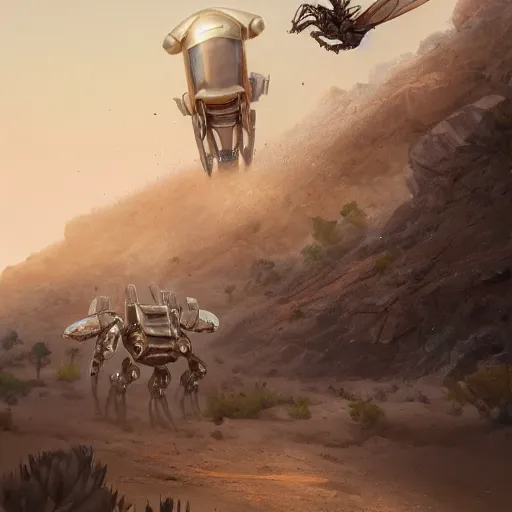 Prompt: giant horsefly robot monster attacking a silver school bus in the desert, ultra detailed, 8 k, greg rutkowski, artgerm, trending on artstation, award - winning art,