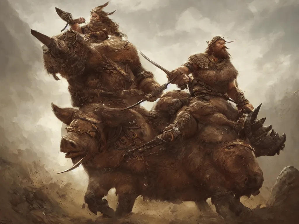 Prompt: a detailed portrait of a viking warrior riding a boar, by justin gerard and greg rutkowski, digital art, realistic painting, dnd, character design, trending on artstation