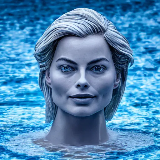 Image similar to a water sculpture in the shape of a margot robbie, on the ocean water, cinematic, in the style of johnson tsang, long shot, hyper detailed, hyper realistic, ray tracing, 8 k resolution, sharp focus, realistic water, award winning