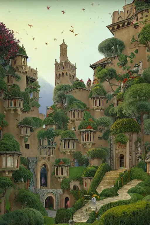 Image similar to painted tower of the moon in its gardens fairytale illustration, elaborate latticed balconies, tall windows, formal flower gardens, dramatic cinematic lighting, rich colors, golden age illustration, by Ludwig Deutsch and William Dyce and April Gornik and (Edmund Dulac and Nicholas Roerich),unreal engine