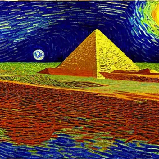 Prompt: pyramids in the middle of the ocean with planet people van gogh